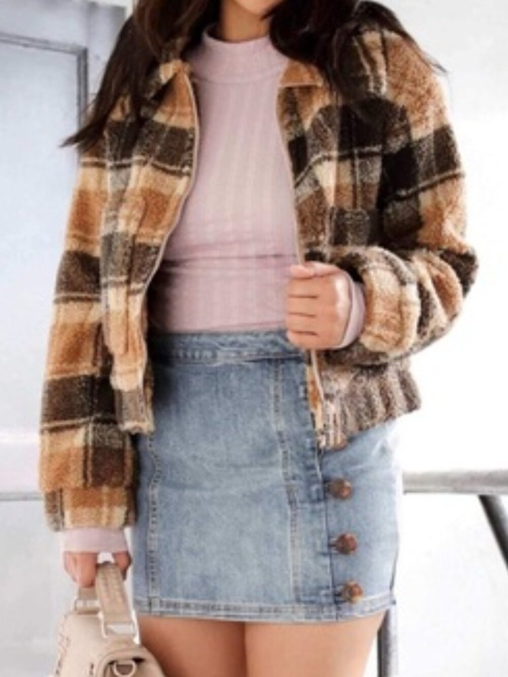 2 BLUE DENIM Plaid Bomber Hooded Teddy Jacket, Size L